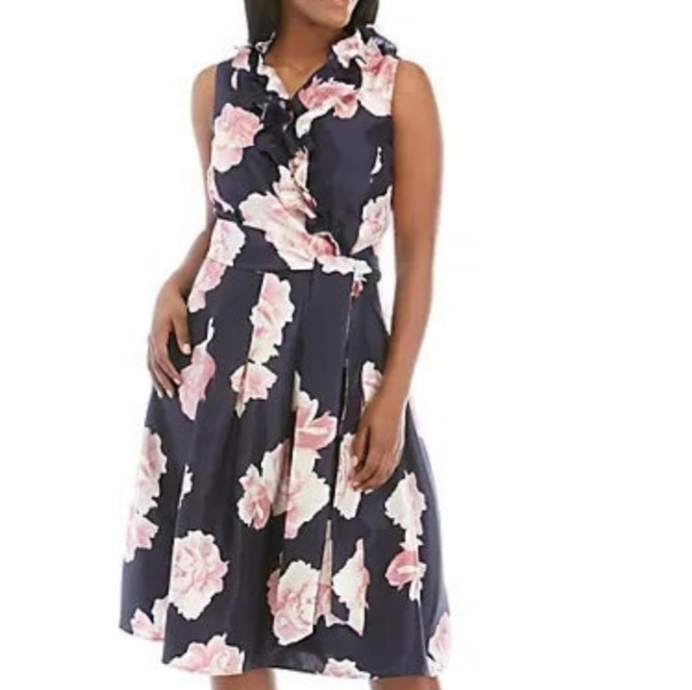 Jessica Howard Plus Size Sleeveless Tie Waist Fit and Flare Ruffle Dress 20W